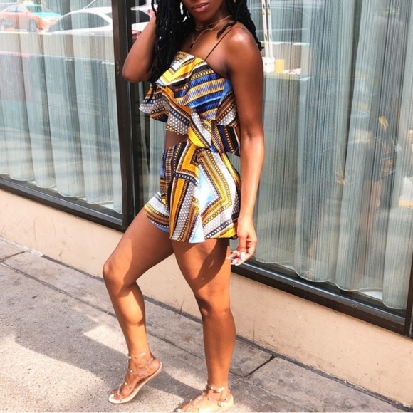 Pretty Little Thing Blue and Yellow Satin Tribal Print Two-Piece Set/Coord Set - Picture 9 of 9